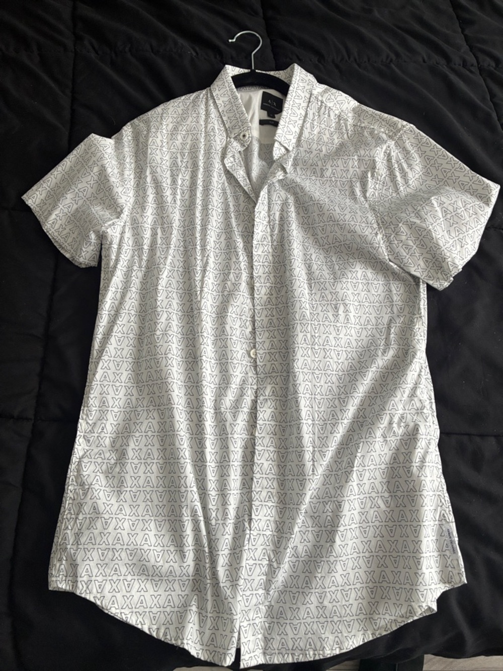 A/X Armani Exchange White Short Sleeve Button-Down with Subtle Gray Logo Print